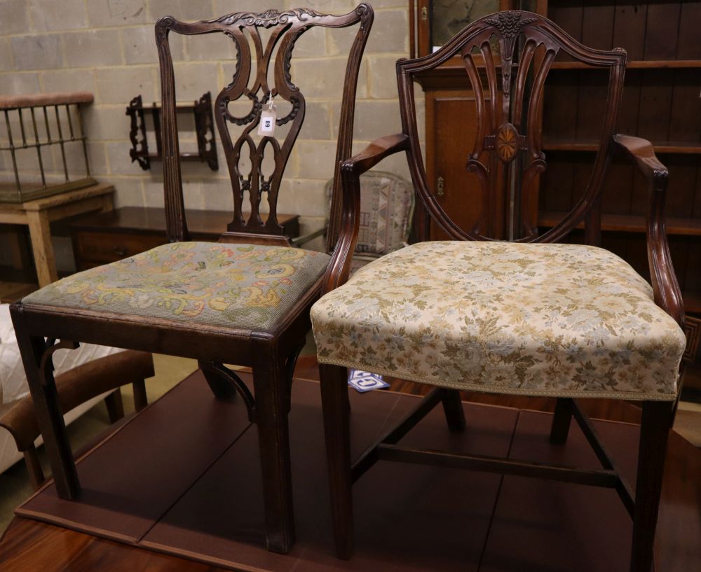 A George III mahogany dining chair together with an inlaid mahogany elbow chair